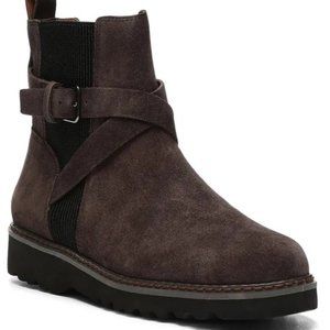 New Donald J. Pliner Suede Cross Strap Boots in Dark Brown